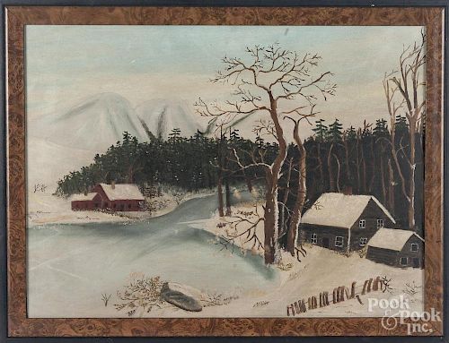 Oil on board of a primitive winter landscape, ca. 1900, 17'' x 23''.