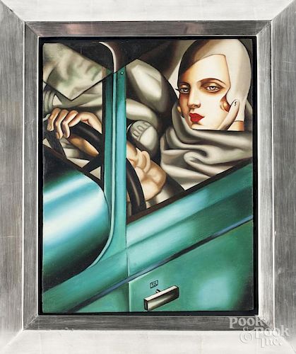 Oil on board in the style of Lempicka, of a woman driving, initialed TJL, 15 3/4'' x 12''.