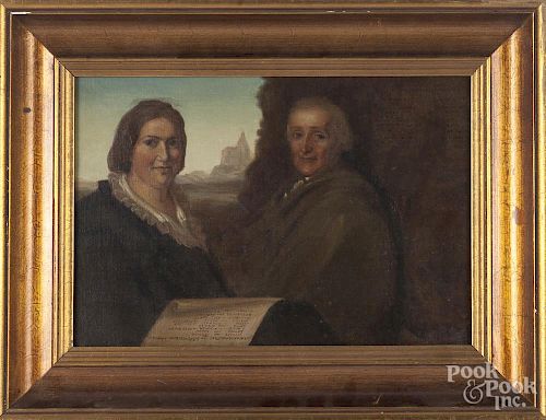 Oil on canvas of two figures, with a document dated 1910 verso, signed Karl Wick, 10 1/4'' x 14 1