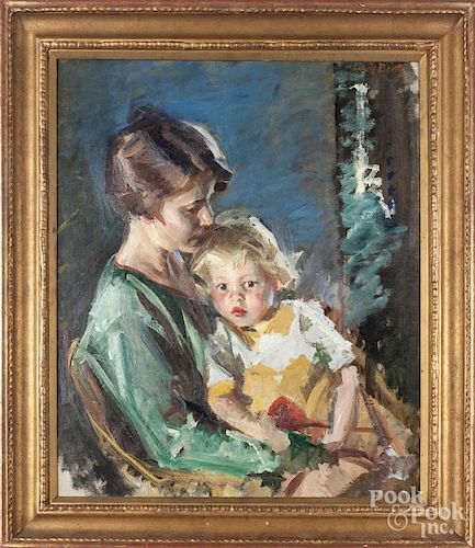 Oil on canvas portrait of a mother and child, signed Louis Bertz, 30'' x 25''.
