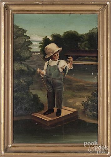 Oil on board primitive of a young boy with fish, ca. 1900, 18 1/2'' x 12 1/4''.