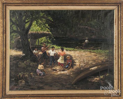 Pedro Amorsolo (Philippines 20th c.), oil on canvas landscape with children, signed lower right, 21''