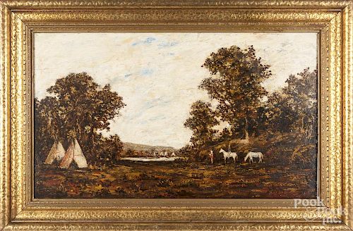 Oil on panel landscape with an Indian encampment, in the manner of Blakelock, 17 1/2'' x 29''.