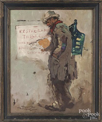 Oil on canvas illustration of an organ grinder, signed Wilton, 20'' x 16''.