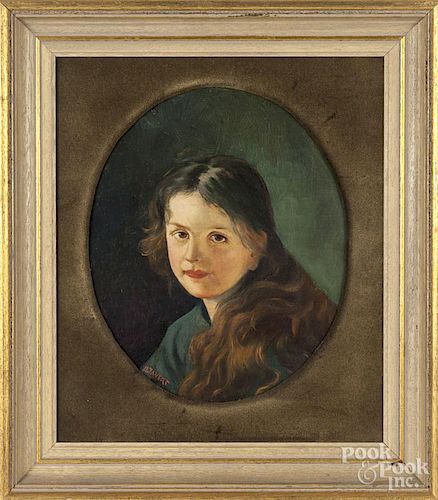 Pair of oil on board portraits of a girl and boy, early 20th c., signed P. Janert, 12'' x 10''.