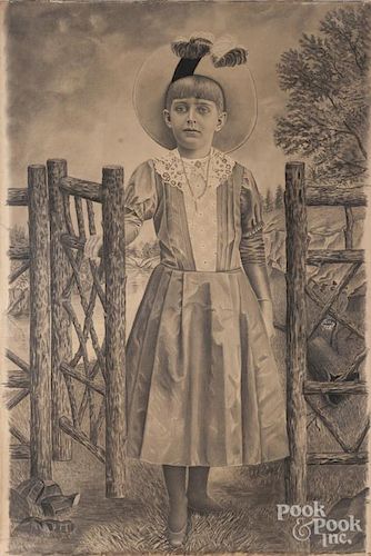 Large charcoal portrait of a girl, ca. 1900, 58'' x 40''.