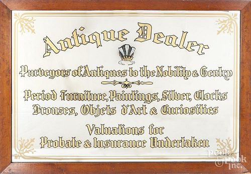 Mirrored Antique Dealer trade sign, 23 1/2'' x 35''.