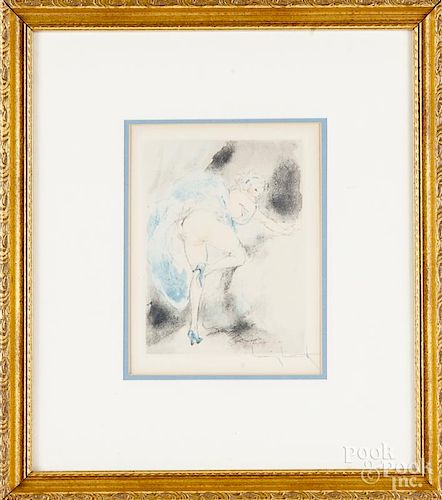 Louis Icart color engraved erotic scene, signed in pencil, 7 1/2'' x 5 1/2''.