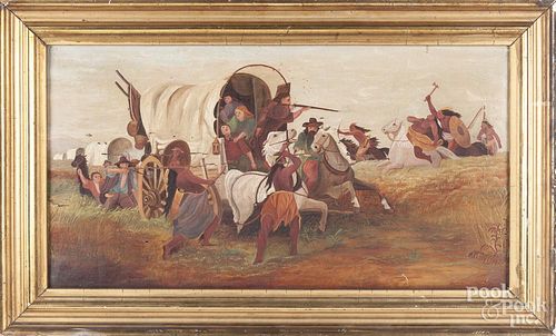 Oil on canvas primitive, late 19th c., with settlers and Indians fighting, 14'' x 26''.