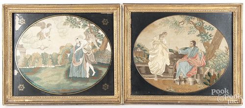 Pair of silk, chenille and paint on silk needlework's, early 19th c., 14'' x 17''.