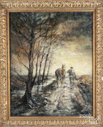 Oil on canvas landscape with man and horse, signed verso Guter Ehlert, Fort Lee 1968 Germany, 30''