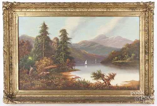 American oil on canvas landscape with lake