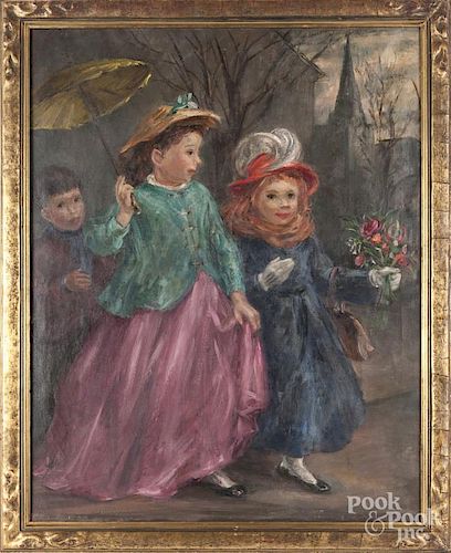 Esther Williams (American 1907-1969), oil on canvas portrait of three children, signed lower right,