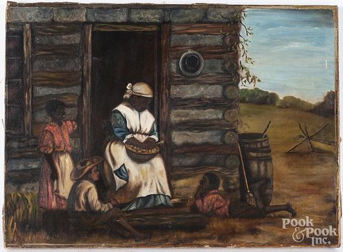 Primitive oil on canvas of an African American family, titled verso Old Kentucky Home, signed Wor