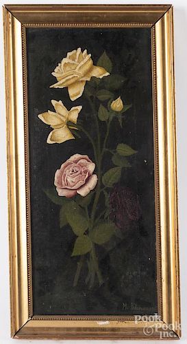 Oil on canvas of flowers, signed M. Pedersen 1911, 18 1/4'' x 8 1/4''.
