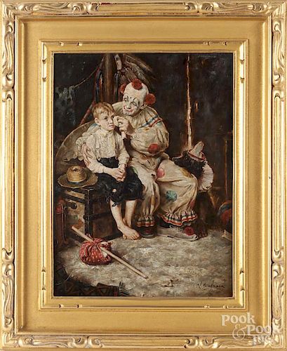 Oil on board of a boy and clown, signed N. Bingham, 16'' x 12''.