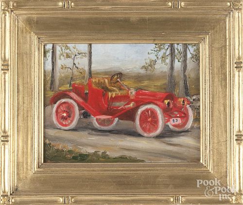 Oil on board of an antique automobile, 7'' x 9''.