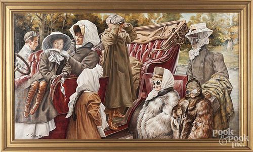 After Louis Sabattier, oil on canvas of figures in an antique automobile, 24'' x 43''.