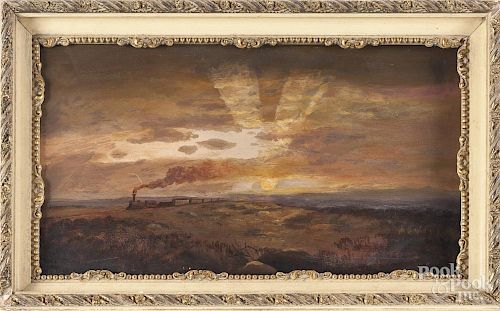 Oil on board landscape with train, ca. 1900, 8 1/4'' x 14 1/2''.
