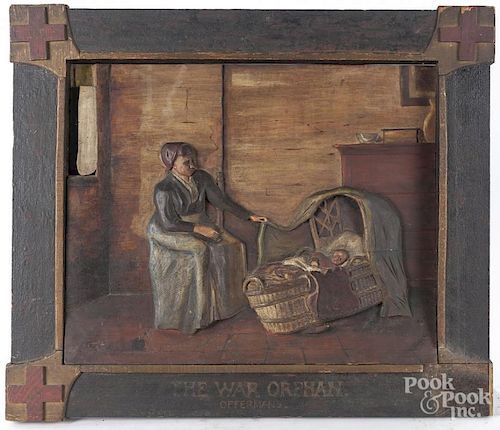 Carved and painted wood relief titled The War Orphan Offerman, signed lower right Rogers, 27'' x