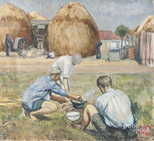 Oil on canvas landscape, mid 20th c., with figures and haystack, 26 1/2'' x 28 1/2''.