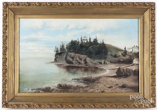 New England oil on canvas coastal scene, early 20th c., 17'' x 27''.
