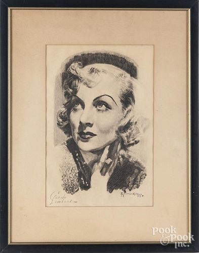 Edward Keller (American 20th c.), two charcoal portraits of Carole Lombard and Charles Laughton