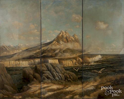 Tyrone Power (American, early-mid 20th c.), oil on canvas three-part folding screen depicting a coastal scene