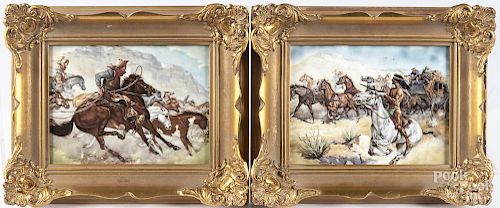 Pair of R.P.M. Germany painted porcelain plaques with cowboys and Indians, 7 1/4'' x 9 1/2''.