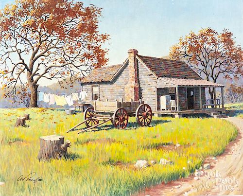 Arthur Sarnoff (American 1912-2000), acrylic on board titled Rural Washday, signed lower left and