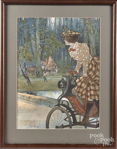 Four framed works relating to early automobiles and racing.