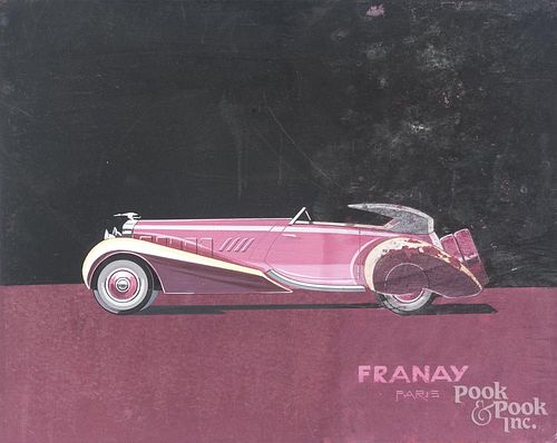 Two gouache drawings of classic cars, 16'' x 20'' and 16'' x 29 1/2''.