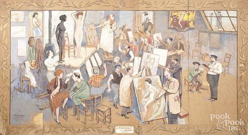 George Bertrand Mitchell (American 1874-1966), oil on pressboard five-part folding screen, depicting