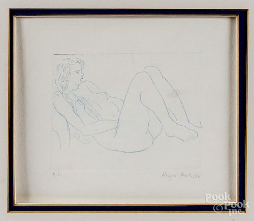 Henri Matisse signed etching of a blue nude, 3 3/4''x 4 1/2''.
