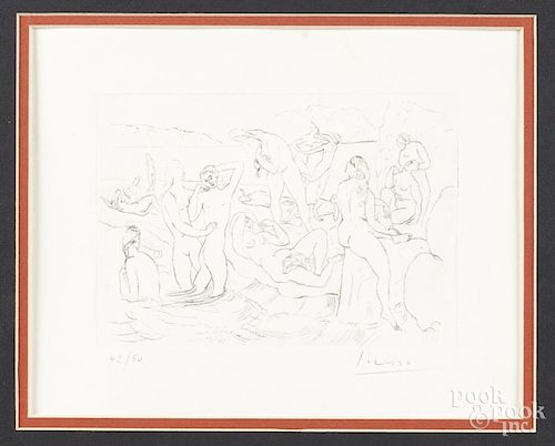 Pablo Picasso engraving of nudes on a beach, #42/50, 5'' x 7''.