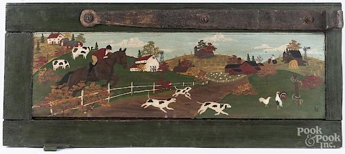 Raised panel door section, with iron strap hinge and later primitive landscape with fox hunt scene,