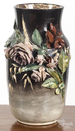 Pottery vase with applied roses, 15 1/4'' h.