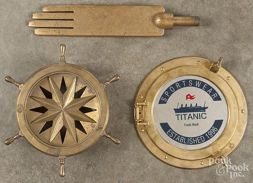 Three brass items, to include glove form, spittoon, and Titanic Sportswear porthole plaque.
