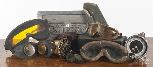 Early automobile accessories, to include goggles, horn, etc.