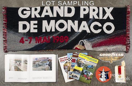 Collection of automobile and racing ephemera, to include pins, bumper stickers, patches, pennants, e