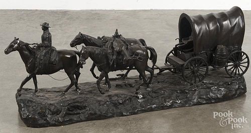 Patinated bronze horse team and wagon, signed R. Clark, 33 1/2'' l.
