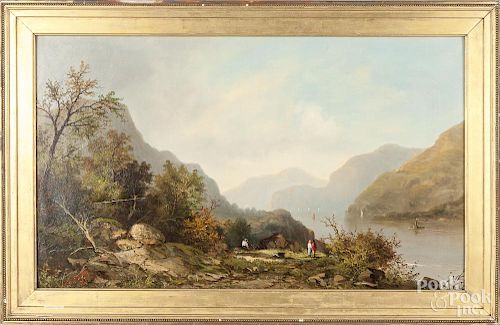 Hudson River oil on canvas landscape, signed R. Wentworth 1874, 18'' x 30''.