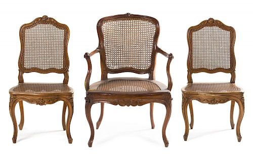 Three Louis XV Style Caned Chairs Height of tallest 38 inches.