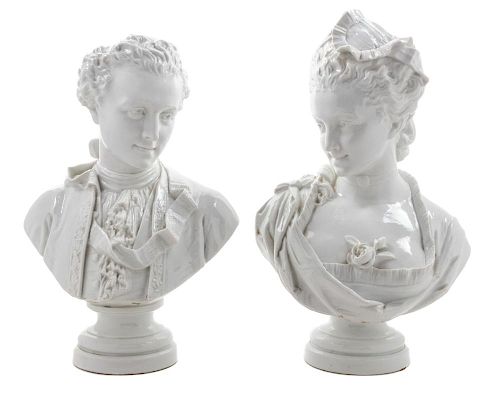 A Pair of Vion & Baury Porcelain Busts Height of tallest 16 1/4 inches.