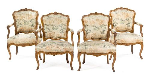 A Group of Four Louis XV Style Fauteuils Height 33 1/2 inches.