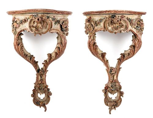 A Pair of Louis XV Style Console Tables Height 32 1/2 x width 27 x depth 13 inches.