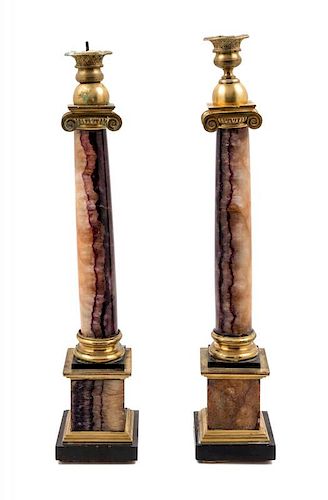 A Pair of Gilt Bronze and Blue John Candlesticks Height of tallest 18 1/4 inches.