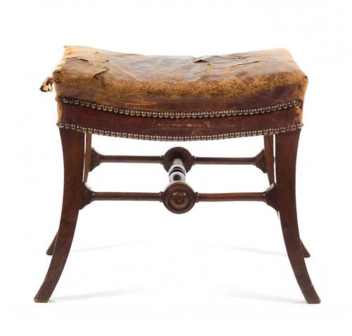 A Directoire Style Mahogany Stool Height 17 1/2 x width 18 x depth 15 inches.