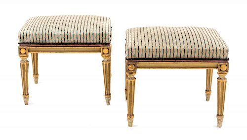 A Pair of Diminutive Louis XVI Style Painted Tabourets Height 6 3/4 x width 7 3/4 x depth 6 inches.