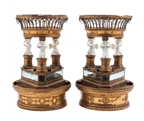 A Pair of French Gilt Metal and Bisque Porcelain Centerpiece Baskets Height 13 1/4 inches.